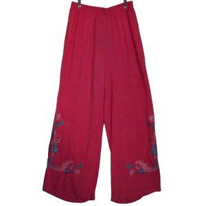 Curations Palazzo Pants Size M x 30" Pretty Coral Pink embroidered blue floral